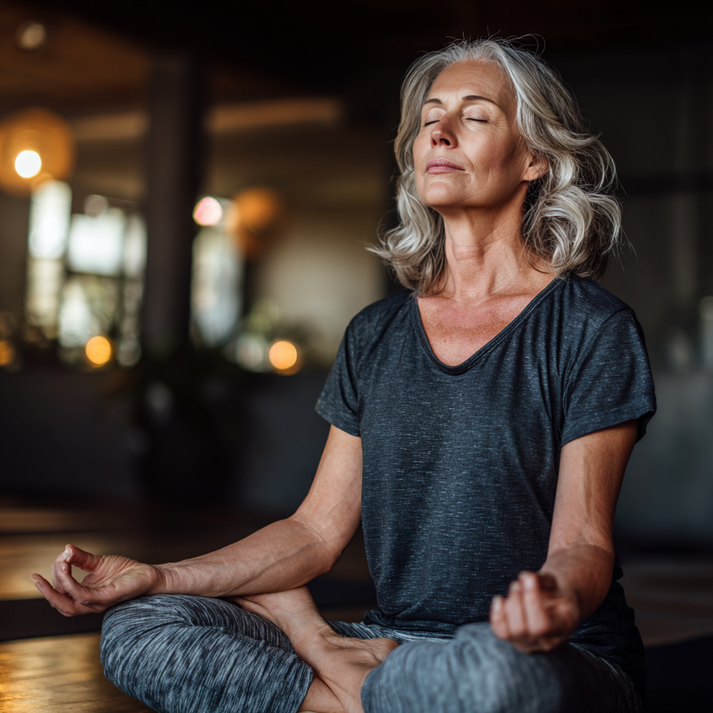 Peaceful mature woman practicing meditation in serene yoga studio atmosphere